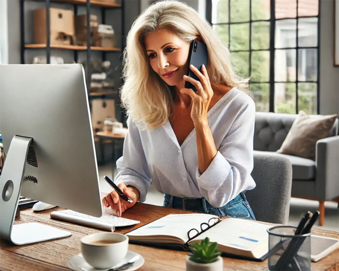 Woman Talking on Phone and Working on Computer at Desk